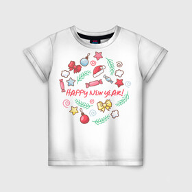 Детская футболка 3D с принтом Happy New Year * С Новым Годом * в Белгороде, 100% гипоаллергенный полиэфир | прямой крой, круглый вырез горловины, длина до линии бедер, чуть спущенное плечо, ткань немного тянется | выходные | новый год | подарки | праздник | празднование | рожлество