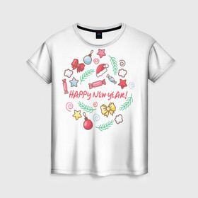 Женская футболка 3D с принтом Happy New Year * С Новым Годом * в Белгороде, 100% полиэфир ( синтетическое хлопкоподобное полотно) | прямой крой, круглый вырез горловины, длина до линии бедер | выходные | новый год | подарки | праздник | празднование | рожлество