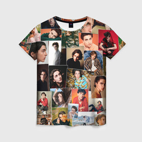 Женская футболка 3D с принтом Тимоти цветной коллаж в Белгороде, 100% полиэфир ( синтетическое хлопкоподобное полотно) | прямой крой, круглый вырез горловины, длина до линии бедер | timothe chalamet | актер | коллаж | тимоти шаламе | фотосессии