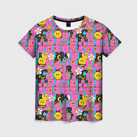 Женская футболка 3D с принтом Психоделика. Инь-Янь в Белгороде, 100% полиэфир ( синтетическое хлопкоподобное полотно) | прямой крой, круглый вырез горловины, длина до линии бедер | грибы | инь янь | паттерн | психоделика | смайлы | эзотерика