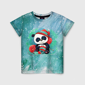 Детская футболка 3D с принтом Панда вяжет в Белгороде, 100% гипоаллергенный полиэфир | прямой крой, круглый вырез горловины, длина до линии бедер, чуть спущенное плечо, ткань немного тянется | new year | арт | вязание | графика | зима | новый год | панда | рождество