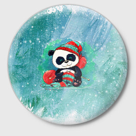 Значок с принтом Панда вяжет в Белгороде,  металл | круглая форма, металлическая застежка в виде булавки | new year | арт | вязание | графика | зима | новый год | панда | рождество