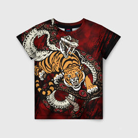 Детская футболка 3D с принтом Тигр со Змеёй 2022 в Белгороде, 100% гипоаллергенный полиэфир | прямой крой, круглый вырез горловины, длина до линии бедер, чуть спущенное плечо, ткань немного тянется | борьба | вектор | змея | противостояние | тигр