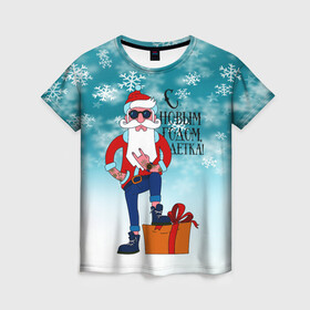 Женская футболка 3D с принтом Hipster Santa 2022 в Белгороде, 100% полиэфир ( синтетическое хлопкоподобное полотно) | прямой крой, круглый вырез горловины, длина до линии бедер | 2022 | ded moroz | rock | santa | борода | дед мороз | нг | новый год | подарок | рок | санта | тату | хипстер