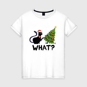 Женская футболка хлопок с принтом КОТЕЙКА И ЁЛКА в Белгороде, 100% хлопок | прямой крой, круглый вырез горловины, длина до линии бедер, слегка спущенное плечо | 2022 | cat | cats | christmas | cold | garland | klaus | mem | meme | memes | merry | new | santa | snow | what | winter | year | герлянды | гирлянда | год | елка | ёлки | ель | зима | клаус | кот | котейка | котенок | котик | котэ | кошка 