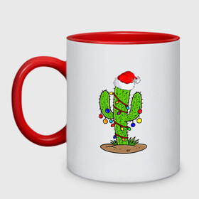 Кружка двухцветная с принтом НОВОГОДНИЙ КАКТУС CHRISTMAS CACTUS в Белгороде, керамика | объем — 330 мл, диаметр — 80 мм. Цветная ручка и кайма сверху, в некоторых цветах — вся внутренняя часть | Тематика изображения на принте: 2022 | cactus | christmas | cold | garland | klaus | merry | new | santa | snow | winter | year | герлянды | гирлянда | год | елка | ёлки | ель | зима | кактус | клаус | мороз | новый | рождество | санта | снег | фонарики | холод