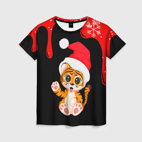 Женская футболка 3D с принтом НОВЫЙ ГОД ТИГР СНЕЖИНКИ 2022 в Белгороде, 100% полиэфир ( синтетическое хлопкоподобное полотно) | прямой крой, круглый вырез горловины, длина до линии бедер | 2022 | merry christmas | год тигра | нг | новогодний тигр | новогодняя символика | новый год | рождество | символ 2022 года | снежинки | тигр