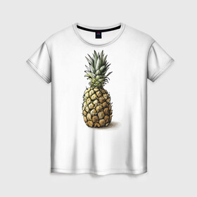 Женская футболка 3D с принтом Pineapple watercolor в Белгороде, 100% полиэфир ( синтетическое хлопкоподобное полотно) | прямой крой, круглый вырез горловины, длина до линии бедер | Тематика изображения на принте: pineapple | ананас | графика | еда | рисунок | фрукт