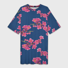 Платье-футболка 3D с принтом Веточки айвы с розовыми цветами на синем фоне в Белгороде,  |  | 8 марта | buds | flowers | quince | айва | бутоны | весна | лето | паттерн | праздник | природа | растения | розовый | синий | флора | цветы