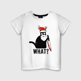 Детская футболка хлопок с принтом НОВОГОДНИЙ WHAT CAT в Белгороде, 100% хлопок | круглый вырез горловины, полуприлегающий силуэт, длина до линии бедер | Тематика изображения на принте: 2022 | cat | cats | christmas | cold | garland | klaus | mem | meme | memes | merry | new | santa | snow | what | winter | year | герлянды | гирлянда | год | зима | клаус | кот | котейка | котенок | котик | котэ | кошка | мем | мемы | мороз