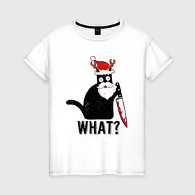 Женская футболка хлопок с принтом НОВОГОДНИЙ WHAT CAT в Белгороде, 100% хлопок | прямой крой, круглый вырез горловины, длина до линии бедер, слегка спущенное плечо | Тематика изображения на принте: 2022 | cat | cats | christmas | cold | garland | klaus | mem | meme | memes | merry | new | santa | snow | what | winter | year | герлянды | гирлянда | год | зима | клаус | кот | котейка | котенок | котик | котэ | кошка | мем | мемы | мороз