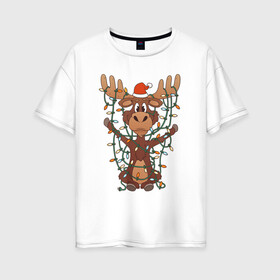 Женская футболка хлопок Oversize с принтом НОВОГОДНИЙ ОЛЕНЬ CHRISTMAS DEER в Белгороде, 100% хлопок | свободный крой, круглый ворот, спущенный рукав, длина до линии бедер
 | 2022 | christmas | cold | deer | klaus | mem | meme | memes | merry | new | santa | snow | what | winter | year | гирлянды | год | зима | клаус | мем | мемы | мороз | новый | олень | рождество | санта | снег | холод | что