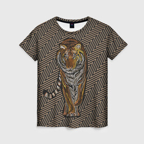 Женская футболка 3D с принтом Благородный тигр в Белгороде, 100% полиэфир ( синтетическое хлопкоподобное полотно) | прямой крой, круглый вырез горловины, длина до линии бедер | благородный | грация | животное | символ года | тигр | хищник