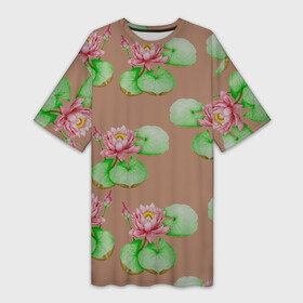 Платье-футболка 3D с принтом Цветы розовой водяной лилии с зелеными листьями в Белгороде,  |  | 8 марта | flowers | leaves | lotus | water lily | бежевый | весна | водяная лилия | зеленый | лето | листья | лотос | природа | растения | розовый | флора | цветы