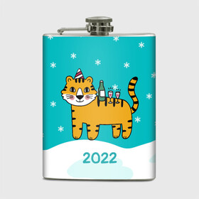 Фляга с принтом Новогодний стол - тигр в Белгороде, металлический корпус | емкость 0,22 л, размер 125 х 94 мм. Виниловая наклейка запечатывается полностью | 2022 | год тигра | новый год | новый год 2022 | символ года | тигр | тигренок | тигрица | тигры