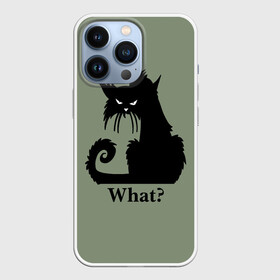 Чехол для iPhone 13 Pro с принтом What Что в Белгороде,  |  | Тематика изображения на принте: black cat | cat | fearsome | halloween | question | silhouette | stern look | what | вопрос | кошка | силуэт | суровый взгляд | хеллоуин | черный кот | что