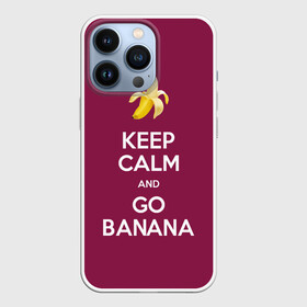 Чехол для iPhone 13 Pro с принтом Keep calm and go banana в Белгороде,  |  | Тематика изображения на принте: banana | fruit | joke | keep calm and go banana | royal motto | банан | иди на банан | королевский девиз | успокойся | фрукт | шутка