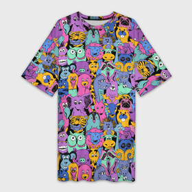 Платье-футболка 3D с принтом Разные Мультяшные Животные в Белгороде,  |  | animals | safari | zoo | детские | дикая природа | животные | жираф | звери | зверюшки | зебра | зоопарк | лев | мультики | сафари | слон