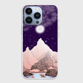 Чехол для iPhone 13 Pro с принтом Зимнее лунное небо в горах со снегопадом в Белгороде,  |  | горный | горный массив | горный пейзаж | горы | горы в лунную ночь | горы под луной | зима в горах | зима и горы | зимний | зимняя ночь в горах | зимняя сказка | луна | розовые горы под