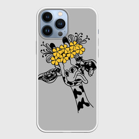 Чехол для iPhone 13 Pro Max с принтом Жираф показывает язык в Белгороде,  |  | african | funny | giraffe | on the head | shows tongue | wreath | yellow flowers | африканский | венок | весёлый | жёлтые цветы | жираф | на голове | показывает | язык