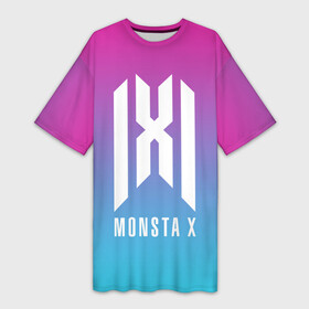 Платье-футболка 3D с принтом MONSTA X LOGO NEON GRADIENT в Белгороде,  |  | jooheon | kihyun | minhyuk | monsta x | mx | neon | shownu | wonho | градиент | монст х | монста х | мх | неон