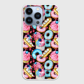 Чехол для iPhone 13 Pro с принтом Узор из сладостей на черном фоне в Белгороде,  |  | donuts | акварель | вкусные | вкусный | десерты | донатс | капкейки | пончики | сладкое | сладости | съедобные | темный | черный