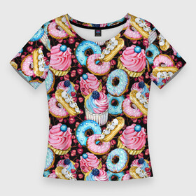 Женская футболка 3D Slim с принтом Узор из сладостей на черном фоне в Белгороде,  |  | donuts | акварель | вкусные | вкусный | десерты | донатс | капкейки | пончики | сладкое | сладости | съедобные | темный | черный