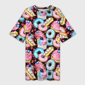Платье-футболка 3D с принтом Узор из сладостей на черном фоне в Белгороде,  |  | donuts | акварель | вкусные | вкусный | десерты | донатс | капкейки | пончики | сладкое | сладости | съедобные | темный | черный