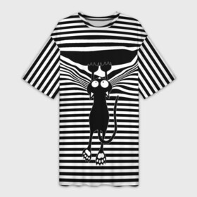Платье-футболка 3D с принтом Кот рвет тельняшку в Белгороде,  |  | cat | hung | mad cat | stripes | tears | vest | бешеный кот | кошка | повис | полосы | рвет | тельняшка