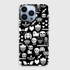 Чехол для iPhone 13 Pro с принтом UNDERTALE PATTERN БЕЛЫЙ в Белгороде,  |  | asriel dreemurr | chara | frisk | gaster blaster | heart | sans | undertale | азриэль дримурр | андертейл | гастер | меттатон | санс | сердце | фриск | чара