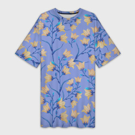 Платье-футболка 3D с принтом Желтые колокольчики на голубом фоне в Белгороде,  |  | 8 марта | bells | bud | flowers | leaves | ботаническая иллюстрация | бутон | весна | желтый | колокольчики | лето | листья | праздник | природа | растения | цветы