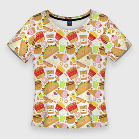 Женская футболка 3D Slim с принтом Продукты Питания в Белгороде,  |  | burger | cheeseburger | fast food | hamburger | hot dog | pizza | блюдо | бургер | быстрое питание | гамбургер | еда | жратва | завтрак | закуска | картошка фри | корм | кушанье | макдоналдс | обед | перекус | пицца | пища | повар