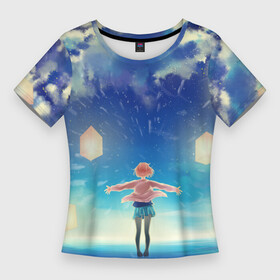 Женская футболка 3D Slim с принтом Курияма фонари в Белгороде,  |  | Тематика изображения на принте: аниме девочка | за гранью | курияма | курияма мирай | мирай | небо | облака | фонари