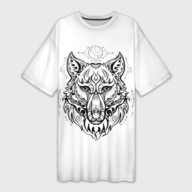 Платье-футболка 3D с принтом Волчий портрет в Белгороде,  |  | волк | волколак | волчара | лайка | луна | оборотень | портрет | силуэт | собака | тату | хаски | хищник | эзотерический | этнический