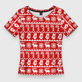 Женская футболка 3D Slim с принтом Новогодний принт с оленями, снежинками, варежками и леденцами в Белгороде,  |  | варежки | зима | зимний | красный | леденцы | новогодний | новый год | олени | орнамент | снежинки | узор