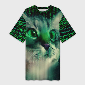 Платье-футболка 3D с принтом Cat in The Digital World в Белгороде,  |  | cats | vr | виртуальная реальность | киберпанк | коты | мем | цифры