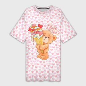 Платье-футболка 3D с принтом Плюшевый Мишка с мороженым в Белгороде,  |  | Тематика изображения на принте: bear | hearts | love | valentines | valentines day | валентинка | влюбленный | день святого валентина | любовь | медведь | мишка | мороженое | сердечко | сердце