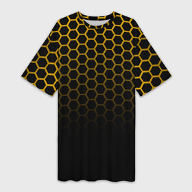 Платье-футболка 3D с принтом Неоновая кольчуга  Gold neon в Белгороде,  |  | Тематика изображения на принте: geometry | gold | neon | геометрия | железный | желтый | золотая | золото | кольчуга | мед | медовый | неон | неоновый | половина | пчела | соты | черный