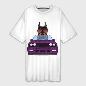 Платье-футболка 3D с принтом Собака за рулем в Белгороде,  |  | водитель | гонка | дорога | крутой | машина | очки | прикольные | собака | собака за рулем | фиолетовый
