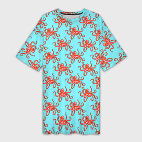 Платье-футболка 3D с принтом Осьминог паттерн в Белгороде,  |  | octopus | головоногий моллюск | животное | красный | морские жители | морские обитатели | осьминог | паттерн | рыбы | спрут | хищник | щупальца