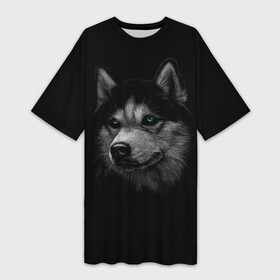 Платье-футболка 3D с принтом Хаски с голубыми глазами в Белгороде,  |  | волк | животное | собака | хаски | хищник