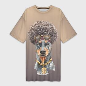 Платье-футболка 3D с принтом Гламурный доберман в Белгороде,  |  | доберман | животное | кудри | мода | на стиле | пёс | собака | стиль