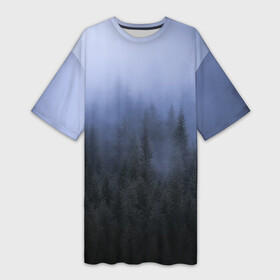 Платье-футболка 3D с принтом КРАСИВЫЙ ЛЕС В ТУМАНЕ в Белгороде,  |  | forest | деревья | дым | лес | мрачный лес | природа | туман