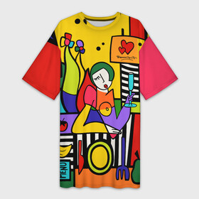 Платье-футболка 3D с принтом Girl with a glass в Белгороде,  |  | brazilian artist | bright colors | cubism | emoji | graffiti | heart | pop art | romero britto | бразильский художник | граффити | девушка с бакалом | день святого валентина | кубизм | любовь | ромеро бритто 