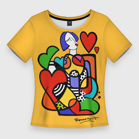 Женская футболка 3D Slim с принтом Girl with hearts в Белгороде,  |  | brazilian artist | bright colors | cubism | emoji | girl | graffiti | hearts | love | pop art | romero britto | valentines day | бразильский художник | граффити | девушка | день святого валентина | кубизм | любовь | ромеро бритт