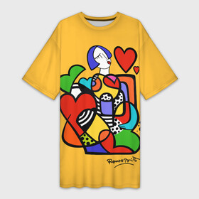 Платье-футболка 3D с принтом Girl with hearts в Белгороде,  |  | brazilian artist | bright colors | cubism | emoji | girl | graffiti | hearts | love | pop art | romero britto | valentines day | бразильский художник | граффити | девушка | день святого валентина | кубизм | любовь | ромеро бритт