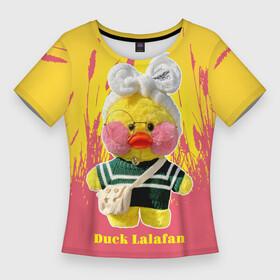 Женская футболка 3D Slim с принтом Duck Lalafanfan в Белгороде,  |  | duck | korean | lalafanfan | rosy cheeks | soft | toy | игрушка | корейская | круглые очки | лалафан | лалафанфан | мягкая | розовые щёки | утка