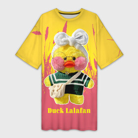 Платье-футболка 3D с принтом Duck Lalafanfan в Белгороде,  |  | duck | korean | lalafanfan | rosy cheeks | soft | toy | игрушка | корейская | круглые очки | лалафан | лалафанфан | мягкая | розовые щёки | утка