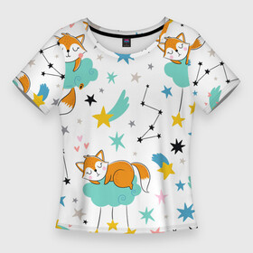 Женская футболка 3D Slim с принтом Спящие лисята в Белгороде,  |  | doodle | fox | little fox | дудл | звездочки | звезды | лис | лисенок | лисенок на облаке | лисята | милое создание | рисунок лисы | рыжая лиса | спящий лис