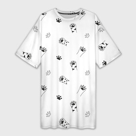 Платье-футболка 3D с принтом Паттерн  кошачьи лапки 3D в Белгороде,  |  | cat | kitten | домашние животные | когти | контур | кот | котенок | кошка | лапа | лапка | мяу | набор | обводка | отпечаток | паттерн | подушечки | сет | след